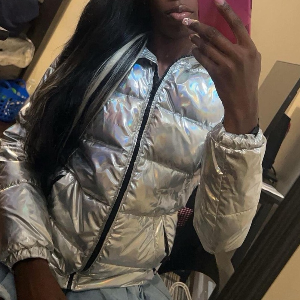 Silver holographic bubble puffer jacket coat